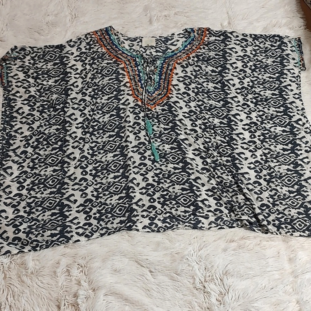 ZL Europe Boho Ikat Kimono Blouse Blue White Embroidered Lace-Up Tassels OS/2X - Picture 7 of 13